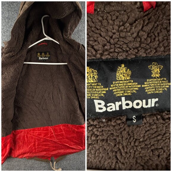 Barbour GAME PARKA Waxed Jacket Fleece Lined Small Brown Green Hooded Winter - Picture 11 of 16